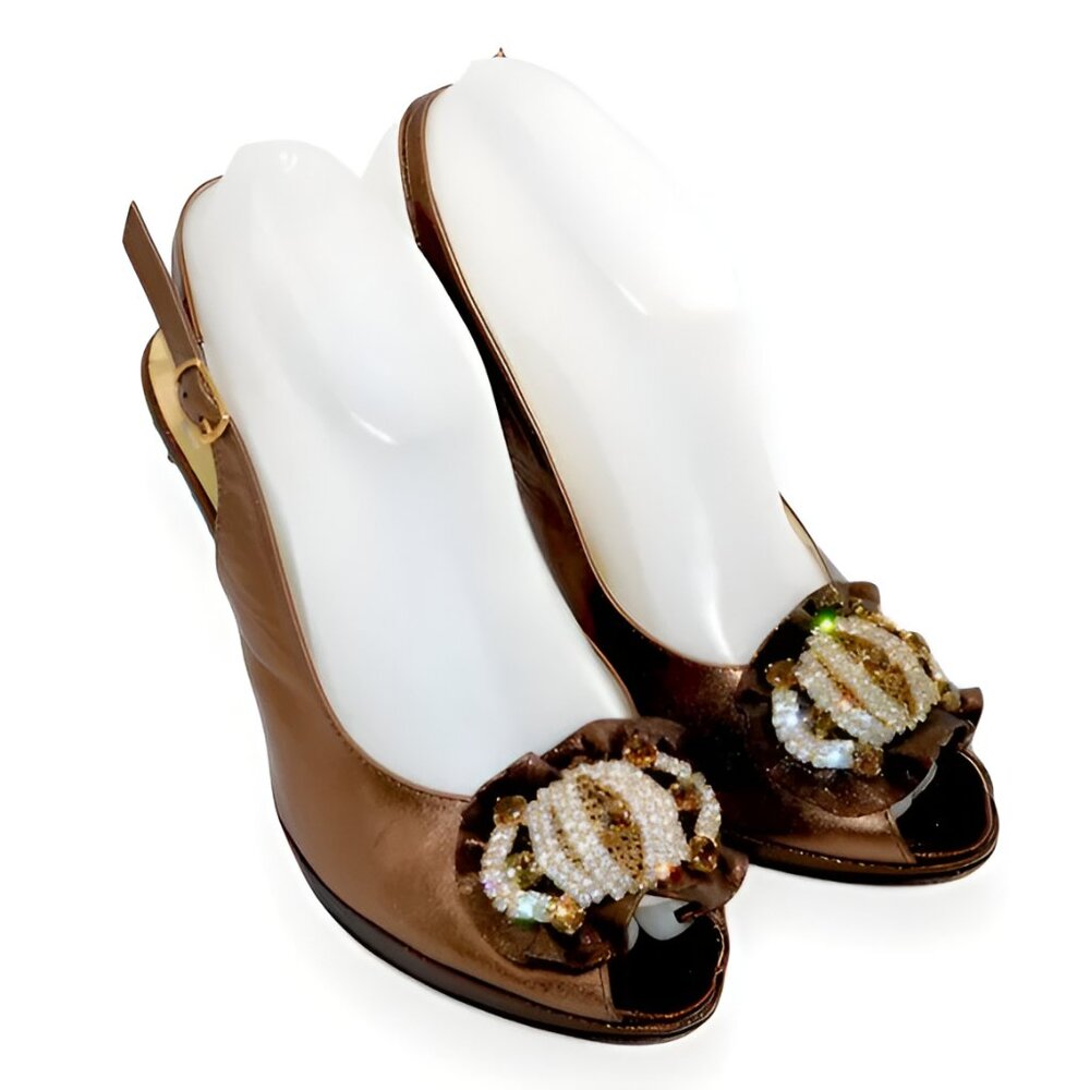 Luxury Louis David Metallic Copper Brown Leather Swarovski Crystal Heels 38 7.5